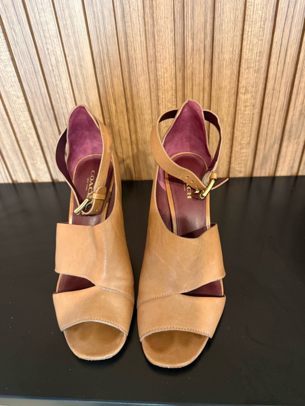 Coach Tan Leather Peep-Toe Ankle-Strap Sandals with Burgundy Lining